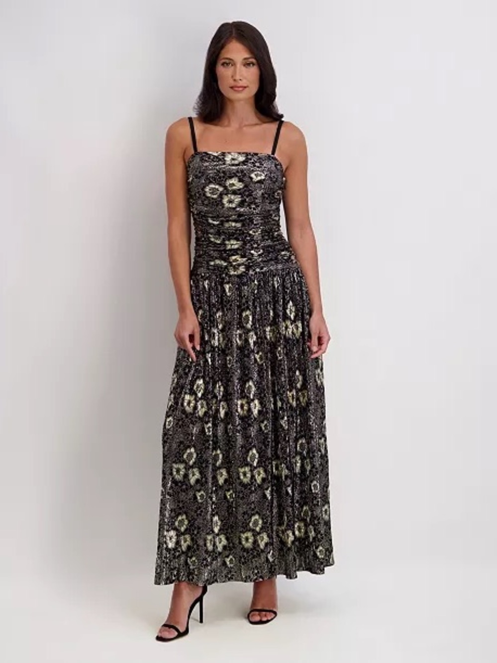 Kensie Black Spaghetti Strap Floral Maxi Dress with Cream Accents